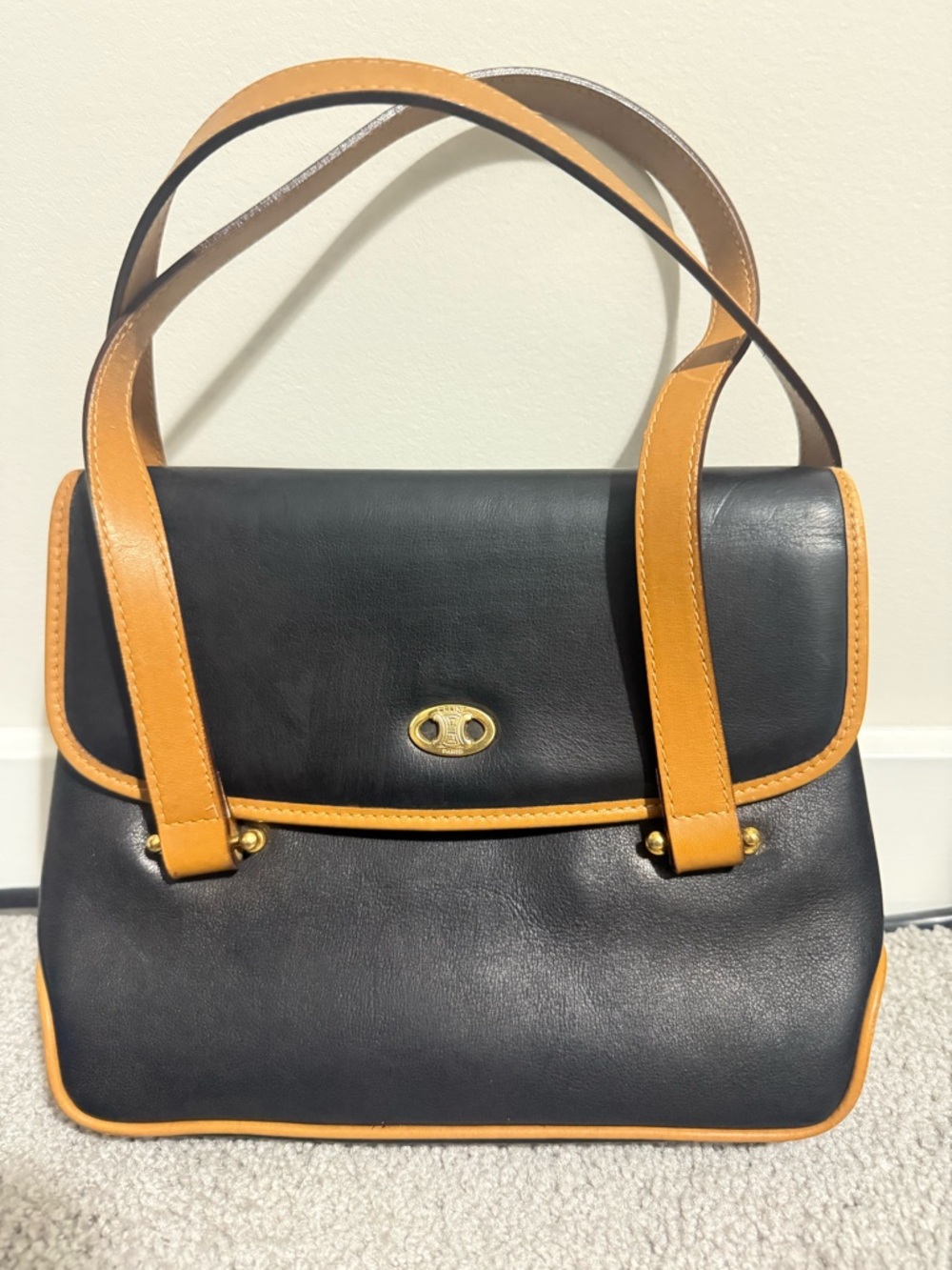 Celine Black & Tan Leather Shoulder Bag with Gold Hardware